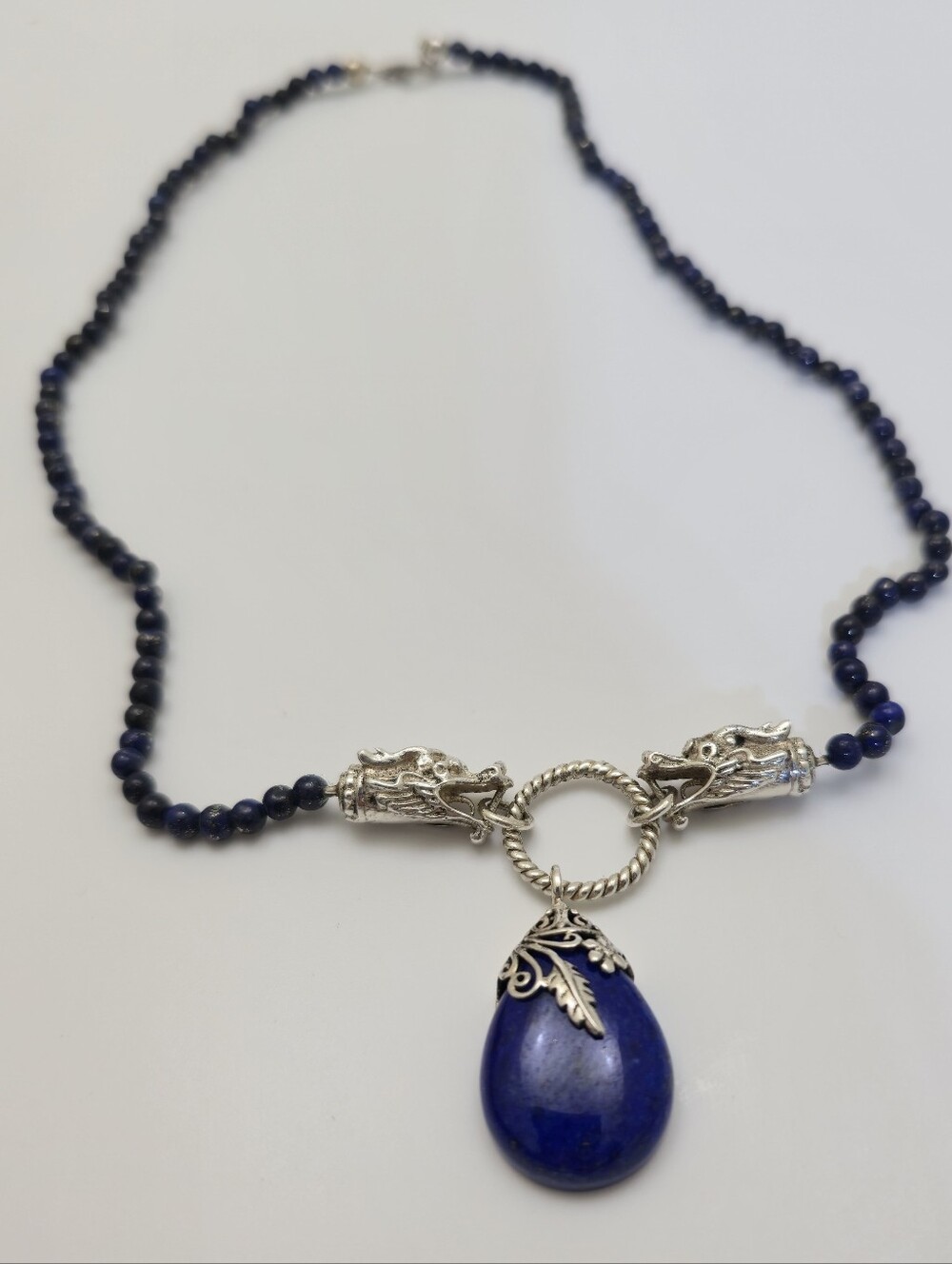 Blue Lapis Teardrop Pendant Sterling Silver Dragon Necklace